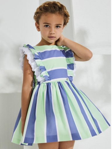 Nekenia Vestido Infantil Vuelo Rayas Azul Verde Lima Volantes Tira Bordada 2321820