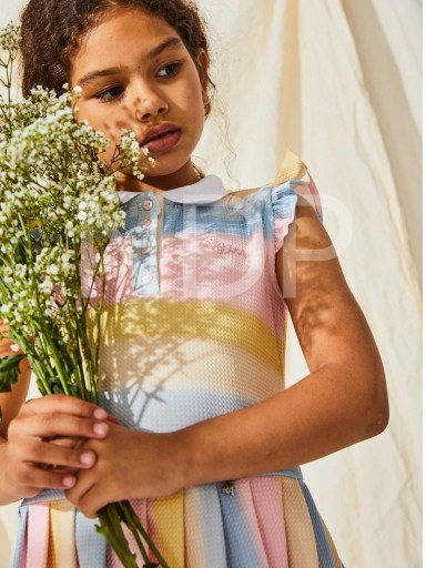 Nekenia Vestido Infantil Vuelo Cuello Polo Rayas Multicolor Tonos Pastel Sin Mangas  23VV14 [1]