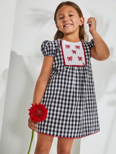 Nekenia Vestido Infantil Cuadros Negros Pecherín Bordado Lazos Rojo 2321806 [0]