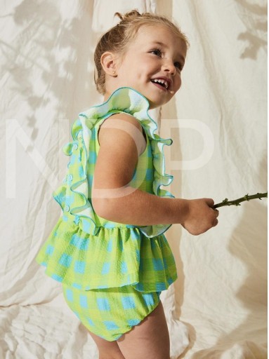 Nekenia Vestido Bebé Braguita Cuadros Fluor Verde Turquesa Volantes Hombros 23VC08 [2]