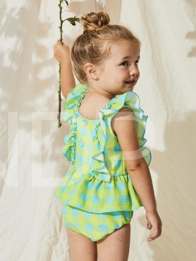 Nekenia Vestido Bebé Braguita Cuadros Fluor Verde Turquesa Volantes Hombros 23VC08 [1]