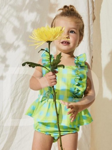 Nekenia Vestido Bebé Braguita Cuadros Fluor Verde Turquesa Volantes Hombros 23VC08