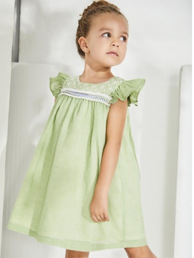 Nekenia Vestido Infantil Verde Oliva Canesú Bordado Volante Hombros 2321808