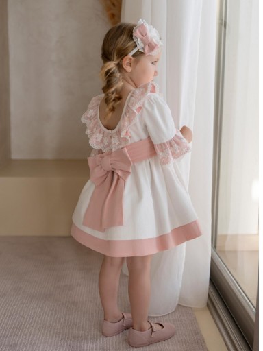 Miranda Vestido Infantil Ceremonia  Blanco Fajin Rosa Volante Puntilla "Gladiolo" 0230/V [2]