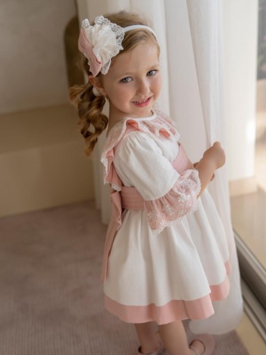 Miranda Vestido Infantil Ceremonia  Blanco Fajin Rosa Volante Puntilla "Gladiolo" 0230/V [3]