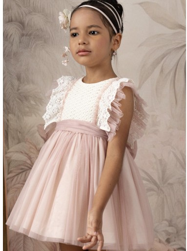 Basmarti Vestido Infantil ceremonia Cuerpo encaje falda tul rosa Alba 26031