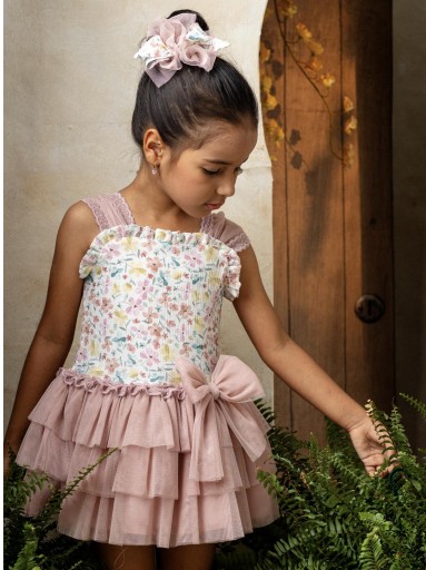 Basmarti Vestido Infantil Ceremonia Camelia tirantes Cuerpo estampado falda tul 3 volantes lazada 26172