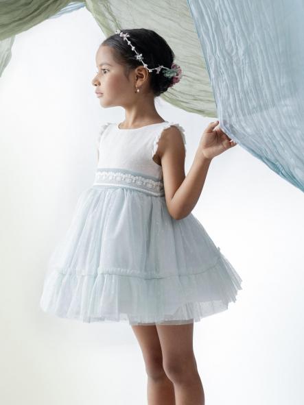 Basmarti Vestido Infantil ceremonia Hortensia Cuerpo Crudo Falda Tul Verde Agua 26191