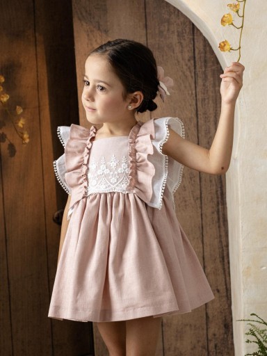 Basmarti Vestido Infantil ceremonia  rosa pieza guipour blanco volantes hombros Lua 26050 [2]