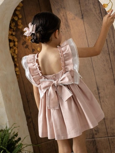 Basmarti Vestido Infantil ceremonia  rosa pieza guipour blanco volantes hombros Lua 26050 [3]