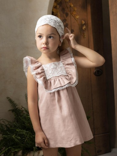 Basmarti Vestido Infantil Ceremonia corte evasé Rosa Pieza guipour blanco 26051