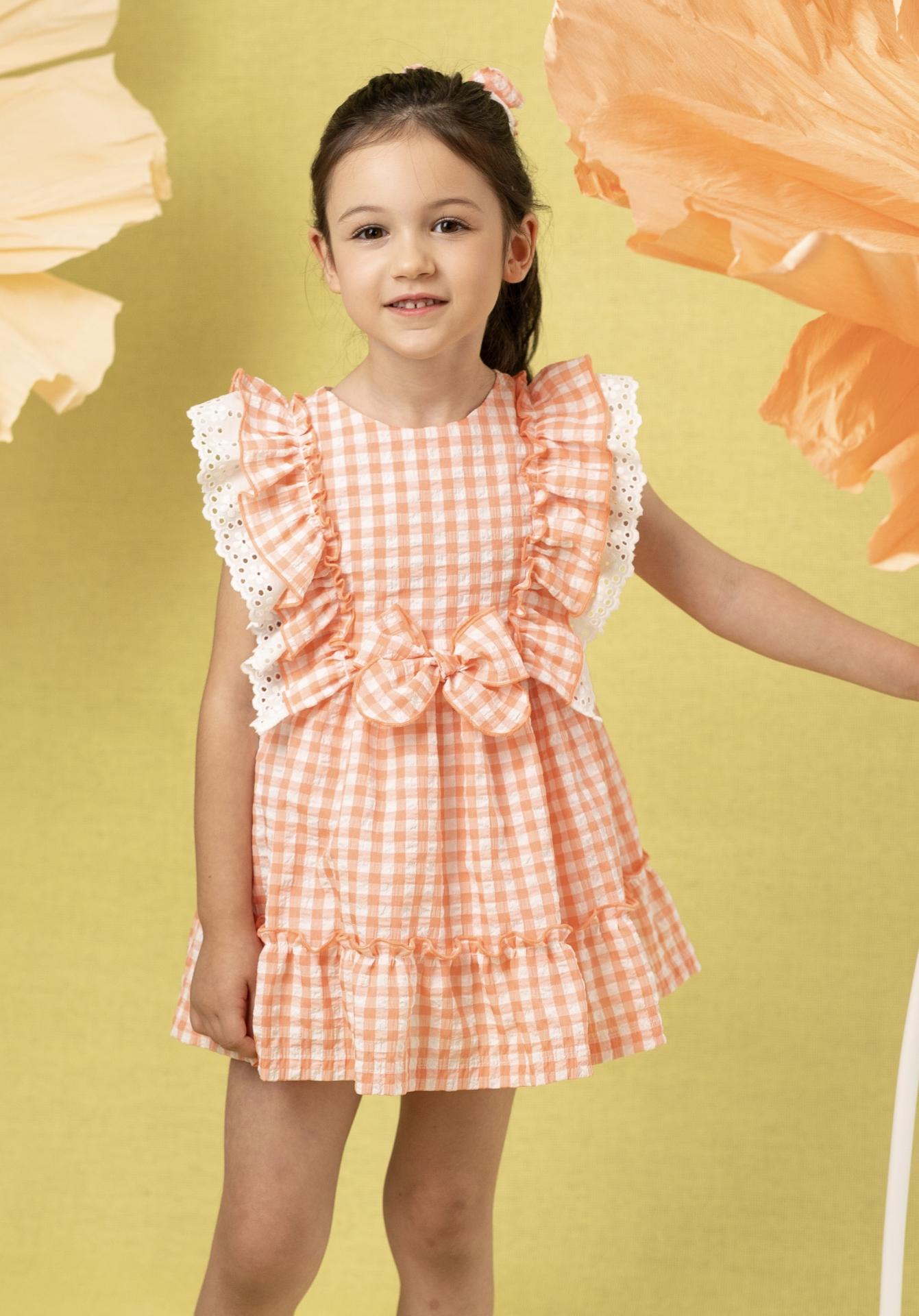 Basmarti Vestido Infantil Ceremonia Cuadro vichy Naranja Doble volante hombros 26251