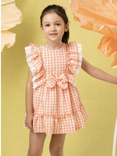 Basmarti Vestido Infantil Ceremonia Cuadro vichy Naranja Doble volante hombros 26251