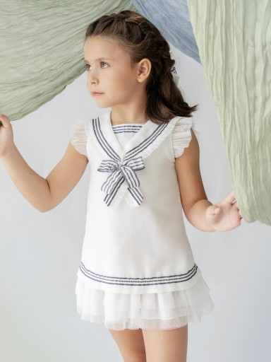 Basmarti Vestido Infantil blanco estilo marinero lazada rayas Siroko 26111 [1]