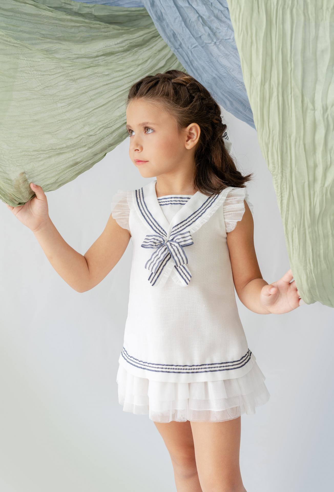 Basmarti Vestido Infantil blanco estilo marinero lazada rayas Siroko 26111