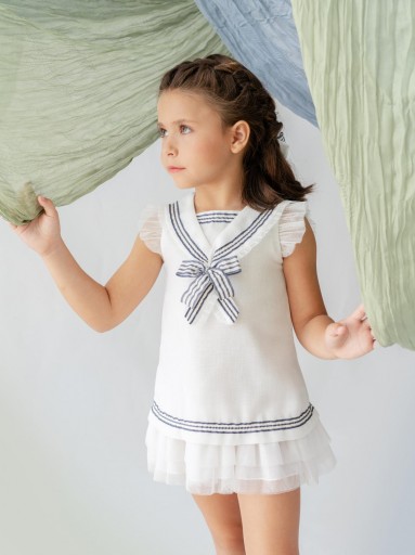 Basmarti Vestido Infantil blanco estilo marinero lazada rayas Siroko 26111