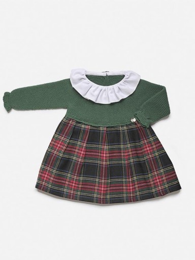Juliana Vistiendo Bebés Vestido Cuerpo Punto Verde Musgo Falda Tela Cuadro Escocés J8147 [2]