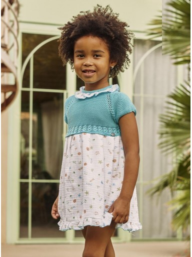 Juliana Vistiendo Bebés Vestido Cuerpo Punto Falda Blanca Tela Mar "Melón" 26127