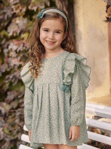 Juliana Vistiendo Bebés Vestido 2 Volantes Flores Verde Lazo 2 Pompones "Verso" 25663 V.Hoja