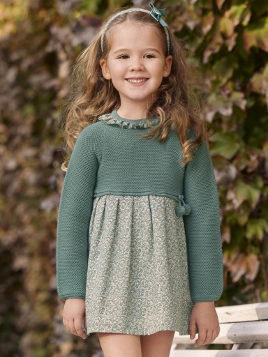 Juliana Vistiendo Bebés Vestido Cuerpo Punto  Verde Hoja Recogidas Estampado Flores "Verso" 25651 V.Hoja