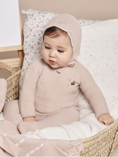 Juliana Vistiendo Bebés Conjunto  Jersey, Polaina y Gorro Punto Recogidas "Piano" 25560 Rosa Palo