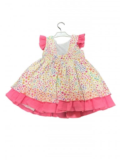 Daniesty vestido Infantil Vuelo Viena Plumeti Estampado Multicolor Florecitas Volante Fucsia Viena002 [2]