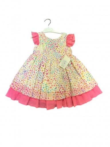 Daniesty vestido Infantil Vuelo Viena Plumeti Estampado Multicolor Florecitas Volante Fucsia Viena002 [1]