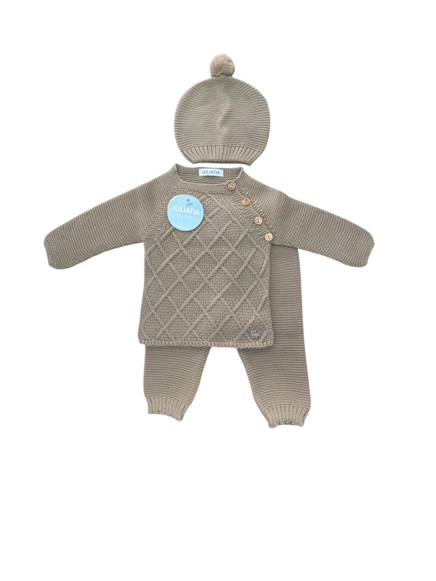 Juliana Vistiendo Bebés Conjunto Punto Polaina 3P Jersey y Gorro Tostado 24560