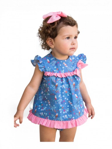 Daniesty Conjunto Bebé Braguita Volante Plumeti Vestido Azul Estampado Flores Familia Tropic 010 [0]
