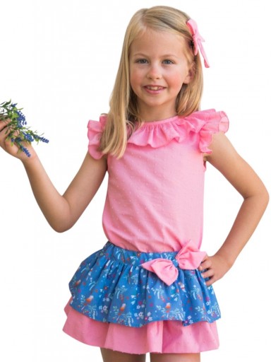 Daniesty Conjunto Infantil Falda Braga Estampado Flores Blusa Plumeti Rosa Familia Tropic 014 [0]