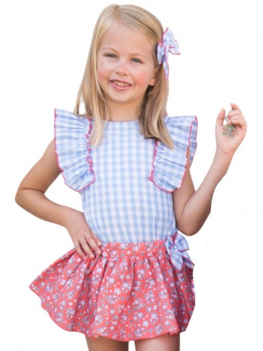 Daniesty Conjunto Falda Roja Estampada Flores Blusa  Cuadro Vichy Azul Familia Venecia  014 [0]