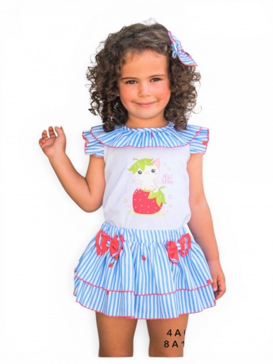 Daniesty Conjunto Camiseta Blanca Serigrafia Falda Braga Estampado rayas y Fresas Familia Fresia 013