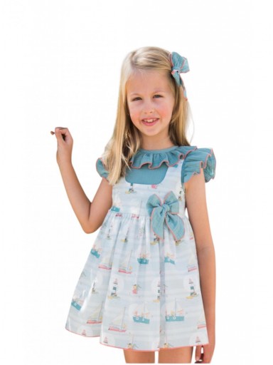 Daniesty Vestido Infantil Simil Pichi  Verde  Estampado Barcos Familia Cancun 002 [0]