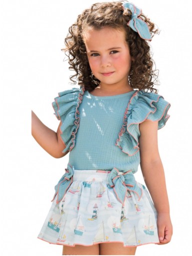 Daniesty Conjunto Infantil Falda Braguita Estampada Barcos Blusa Volante Mangas Verde Familia Cancun 014 [0]