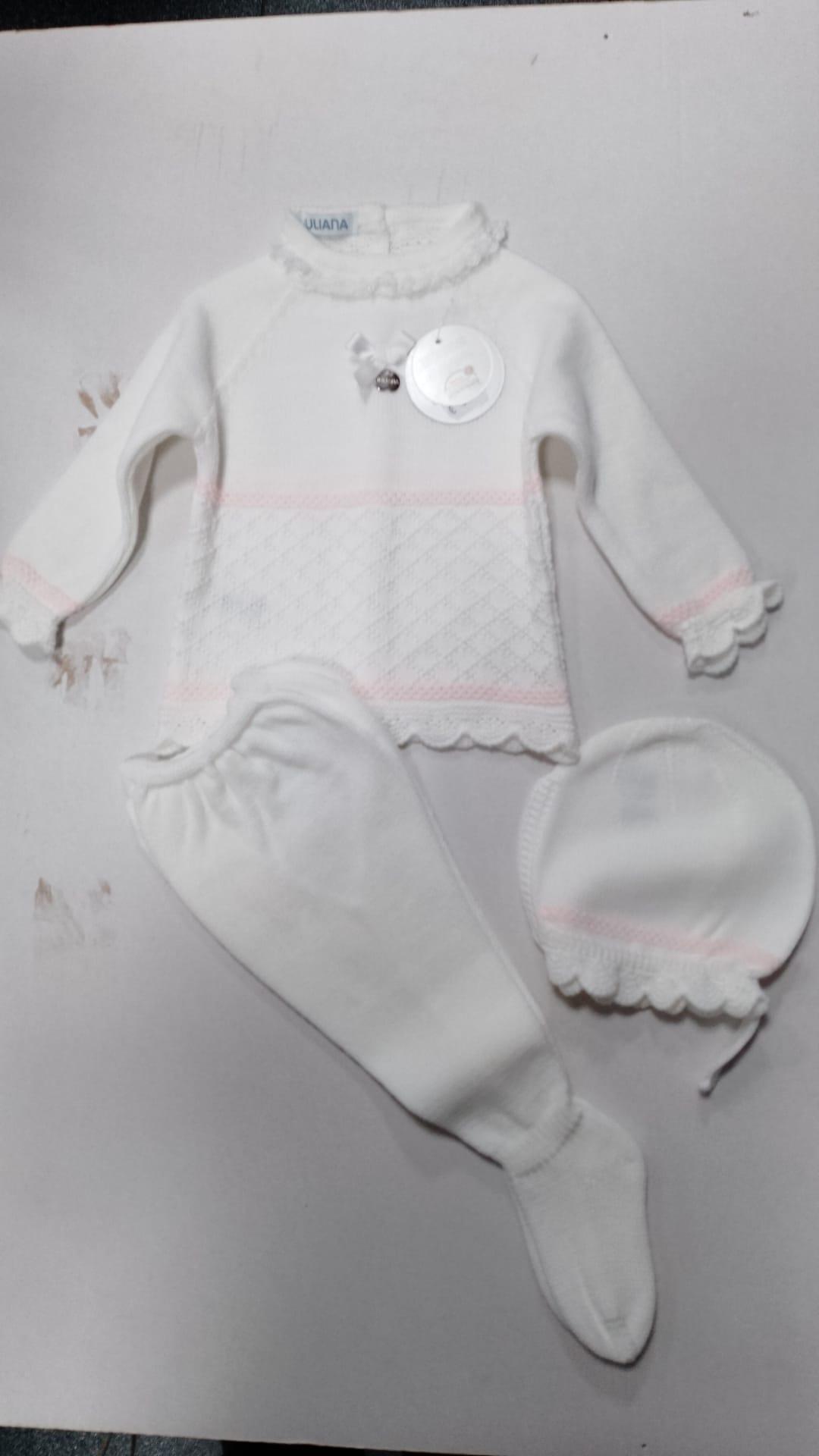 Juliana Vistiendo Bebés Conjunto Jersey, Polaina y Gorro Rombos Vastas "Lienzo" 25542 Blanco/Rosa