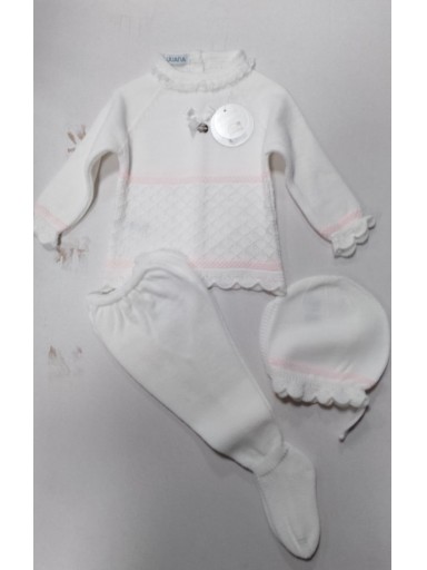Juliana Vistiendo Bebés Conjunto  Jersey, Polaina y Gorro Rombos Vastas "Lienzo" 25542 Blanco/Rosa [0]