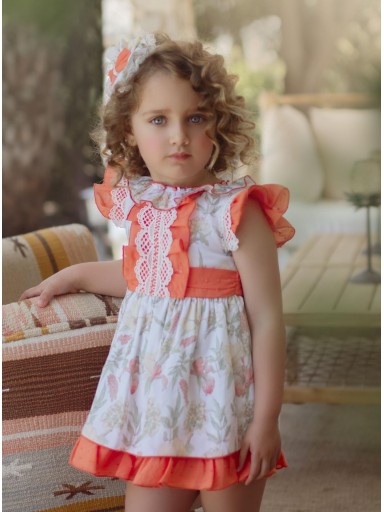 Miranda Vestido Infantil Estampado Floral Volantes Plumeti Naranja Encaje Crudo 035/0239/V [0]