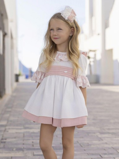 Miranda Vestido Infantil Ceremonia  Blanco Fajin Rosa Volante Puntilla "Gladiolo" 0230/V