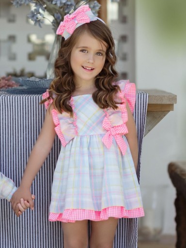 Miranda vestido Infantil Cuadros Rosa Volante Doble Lazada Vichy 035/0251/V