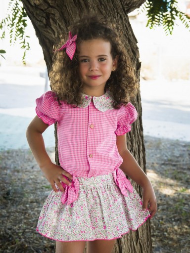 Daniesty Conjunto Infantil Falda Estampada Flores Blusa Cuadro Vichy Fluor Familia Charleston 014