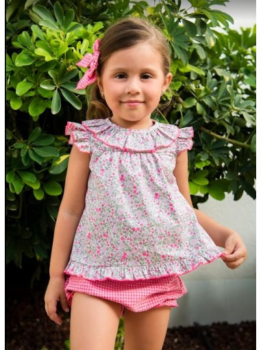 Daniesty Conjunto Bebé Braguita Cuadro Vichy Rosa Fluor Blusa Estampado Flores Familia Charleston 010 [0]