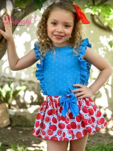 Daniesty Conjunto Falda Braga Estampado Naranjas Blusa Plumeti Azul Frances Familia Citric 013 [0]