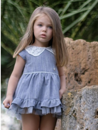 Nekenia Vestido Bebé Vuelo Cuello Aplicación Floral Volante Tul con Braguita 2421021