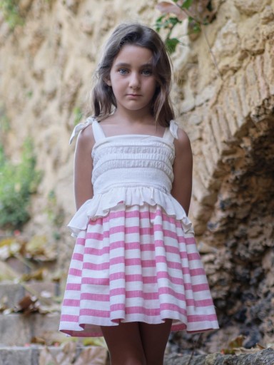 Nekenia Vestido Infantil Tirantes Cuerpo Elástico Falda Rayas Fucsia 24VV12