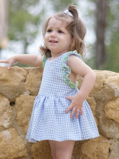 Nekenia Vestido Bebé Vuelo Cuadros Celeste Tirantes Cruzados Espalda Vivo con Braguita 24VC12 [1]