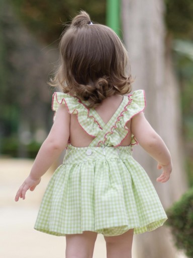 Nekenia Vestido Bebé Vuelo Cuadros Pistacho Tirantes Cruzados Espalda Vivo Fucsia con Braguita 24VC12