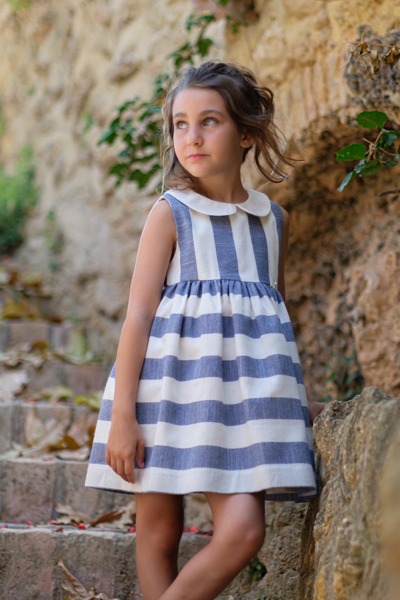 Nekenia Vestido Infantil Rayas Verticales Cuerpo Cuello Bebé Falda Vuelo Rayas Horizontales Azulón 24VV11