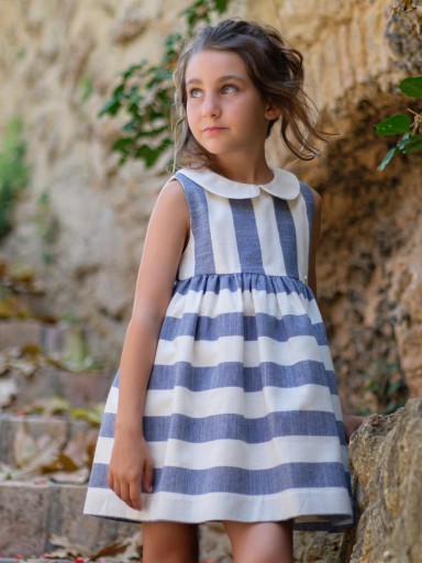 Nekenia Vestido Infantil Rayas Verticales Cuerpo Cuello Bebé Falda Vuelo Rayas Horizontales Azulón 24VV11 [0]