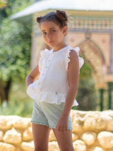 Nekenia Conjunto Infantil Blusa Plumeti Short Cuadros Vichy Verde Volante Bajo 24VC01 [1]