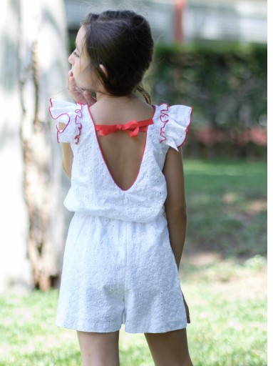 Nekenia Mono Infantil Bordado Algodón Blanco Vivo Rojo Escote Espalda 24VP04